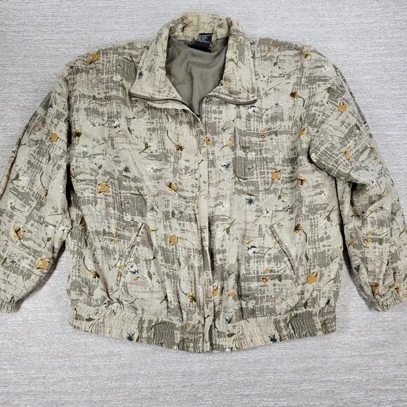 Vtg EVR Silk Bomber Jacket Womens XL Green Floral Tulips Camo Zip Up Streetwear - Picture 10 of 14